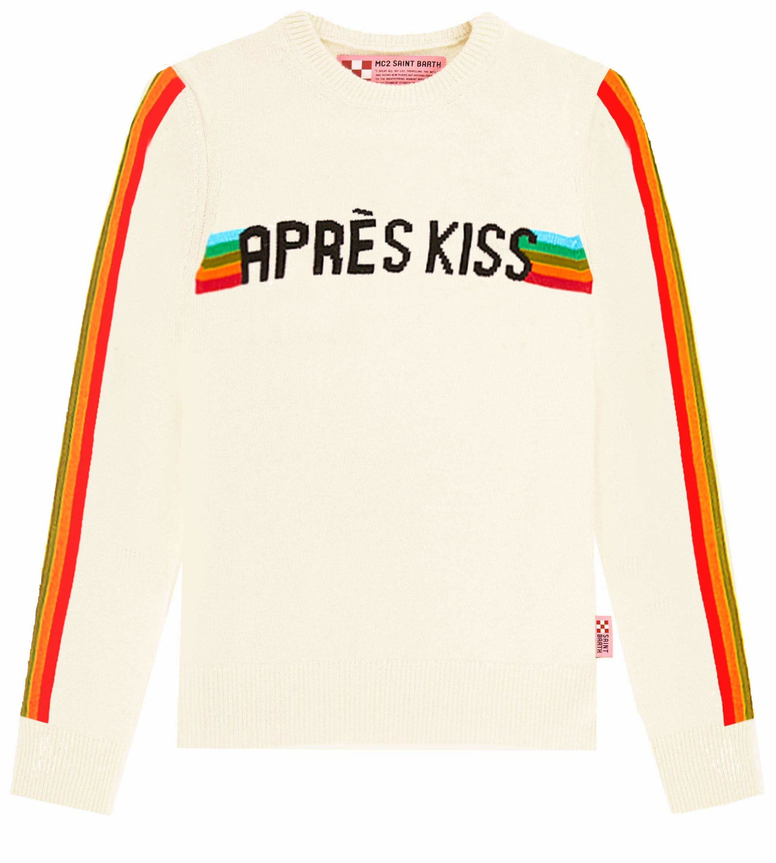 MC2 Saint Barth White Woman Sweater Après Kiss Front Graphic With Rainbow Details