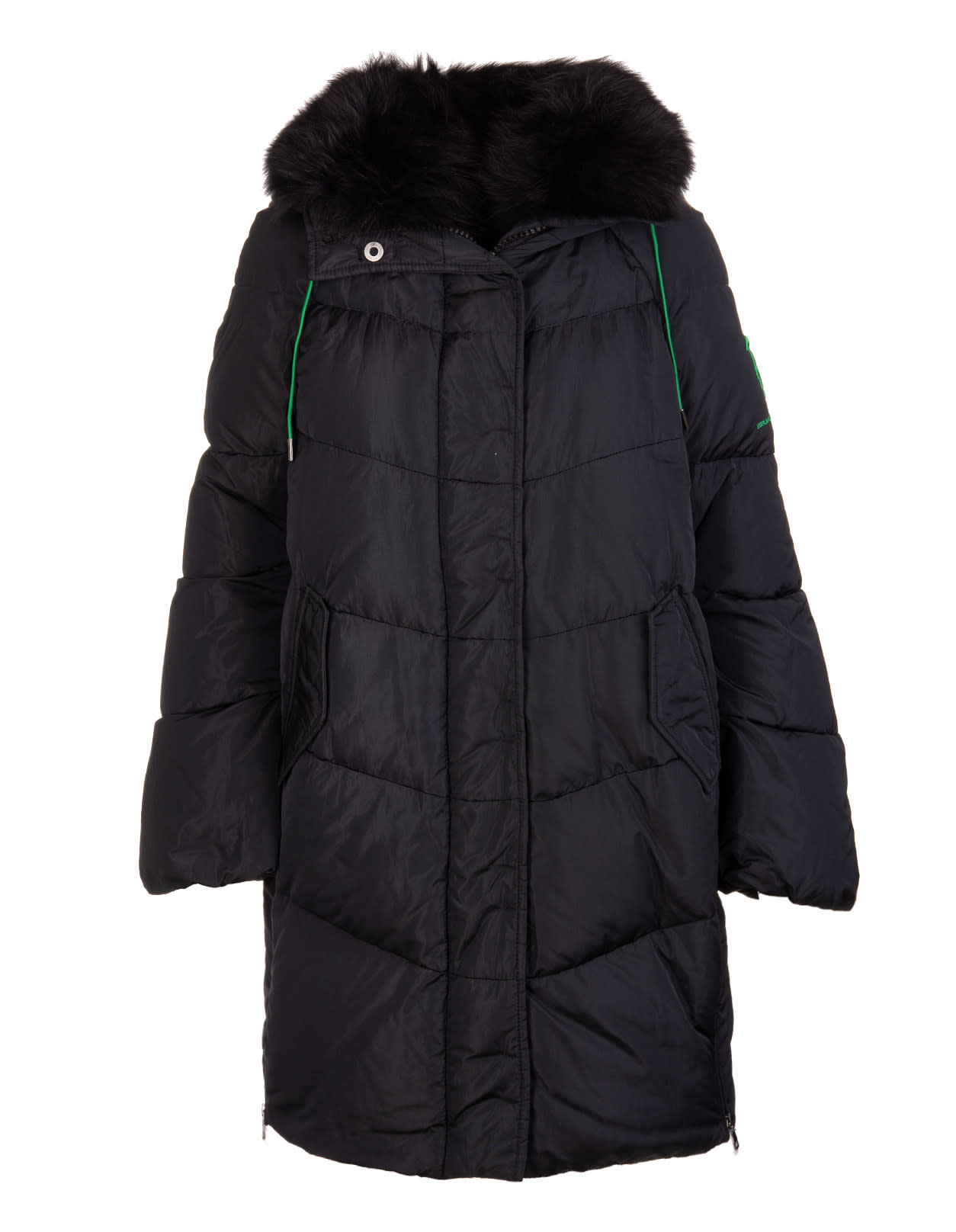 Ermanno Scervino Long Black And Green Down Jacket With Fox Fur