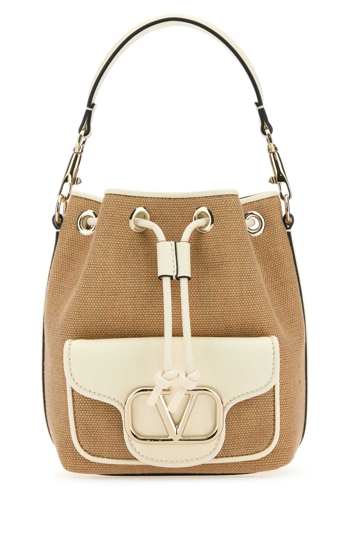 Valentino Garavani Two-tone Raffia Leather Locã² Bucket Bag In Brown