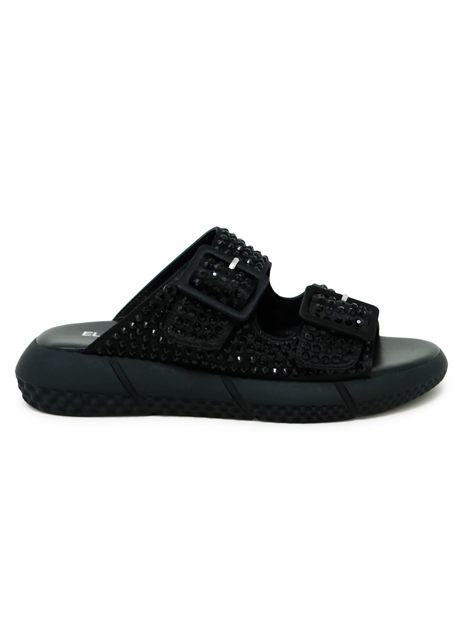 Black Leather Flat Sandals With Swarovsky
