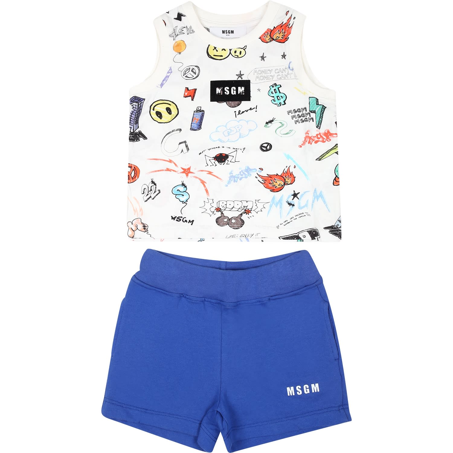 MSGM WHITE SUIT FOR BABY BOY WITH LOGO AND PRINT