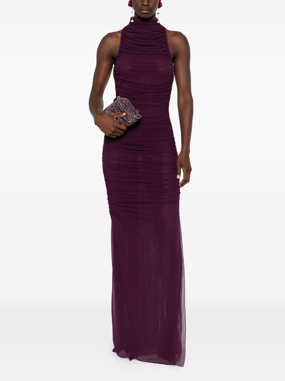 Amen Sleeveless Purple Mesh Draped Dress In Animal Print