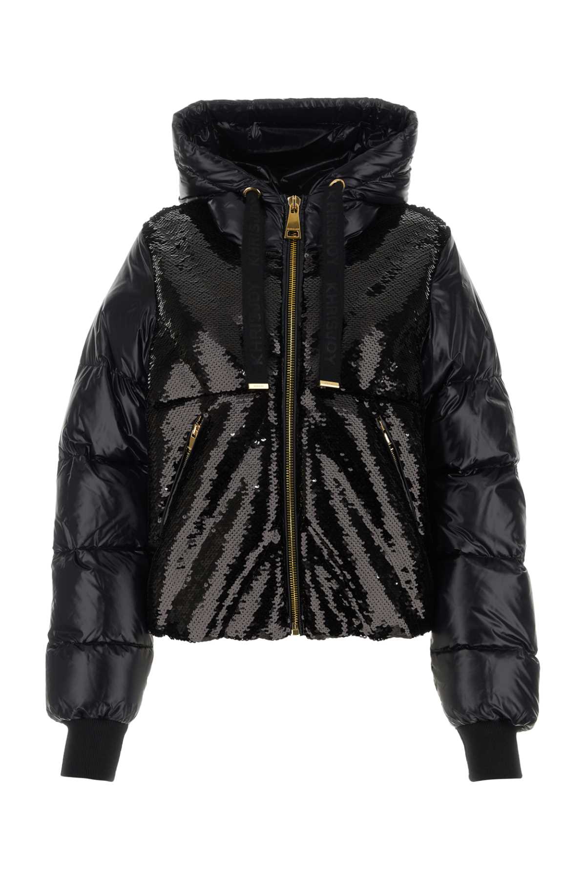 Black Sequins And Nylon Puff Glossy Down Jacket