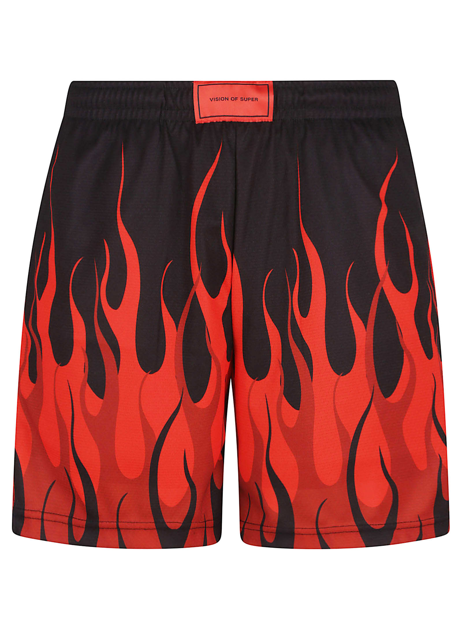 Black Basket Shorts With Triple Flames And Red Label