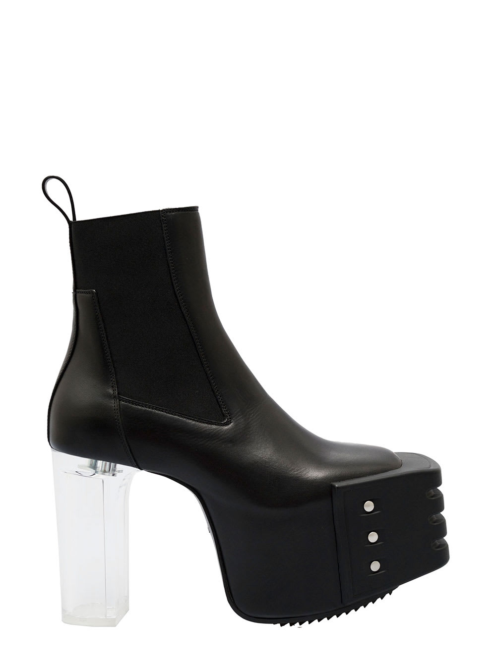 RICK OWENS BLACK LEATHER BOOTS WITH PLATFORM AND SHEER HEEL WOMAN