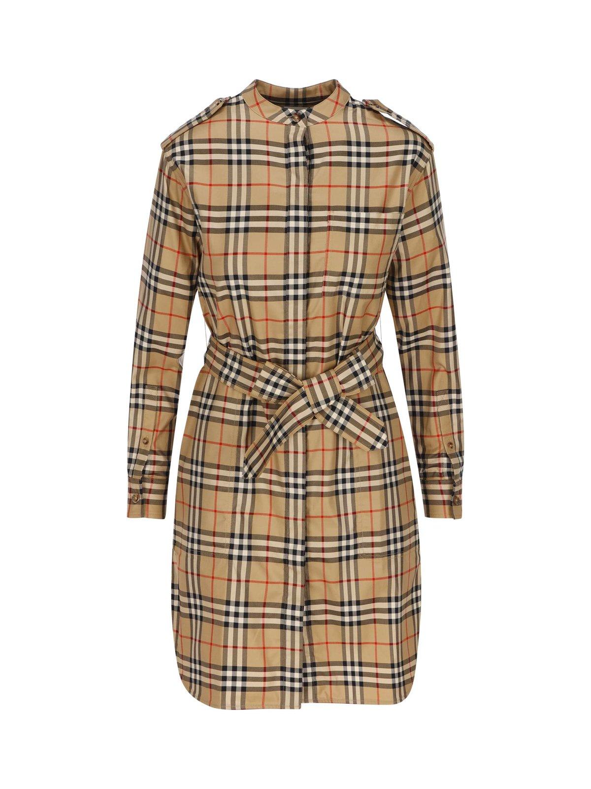 Burberry Vintage-check Belted Waist Mini Shirt Dress In Brown