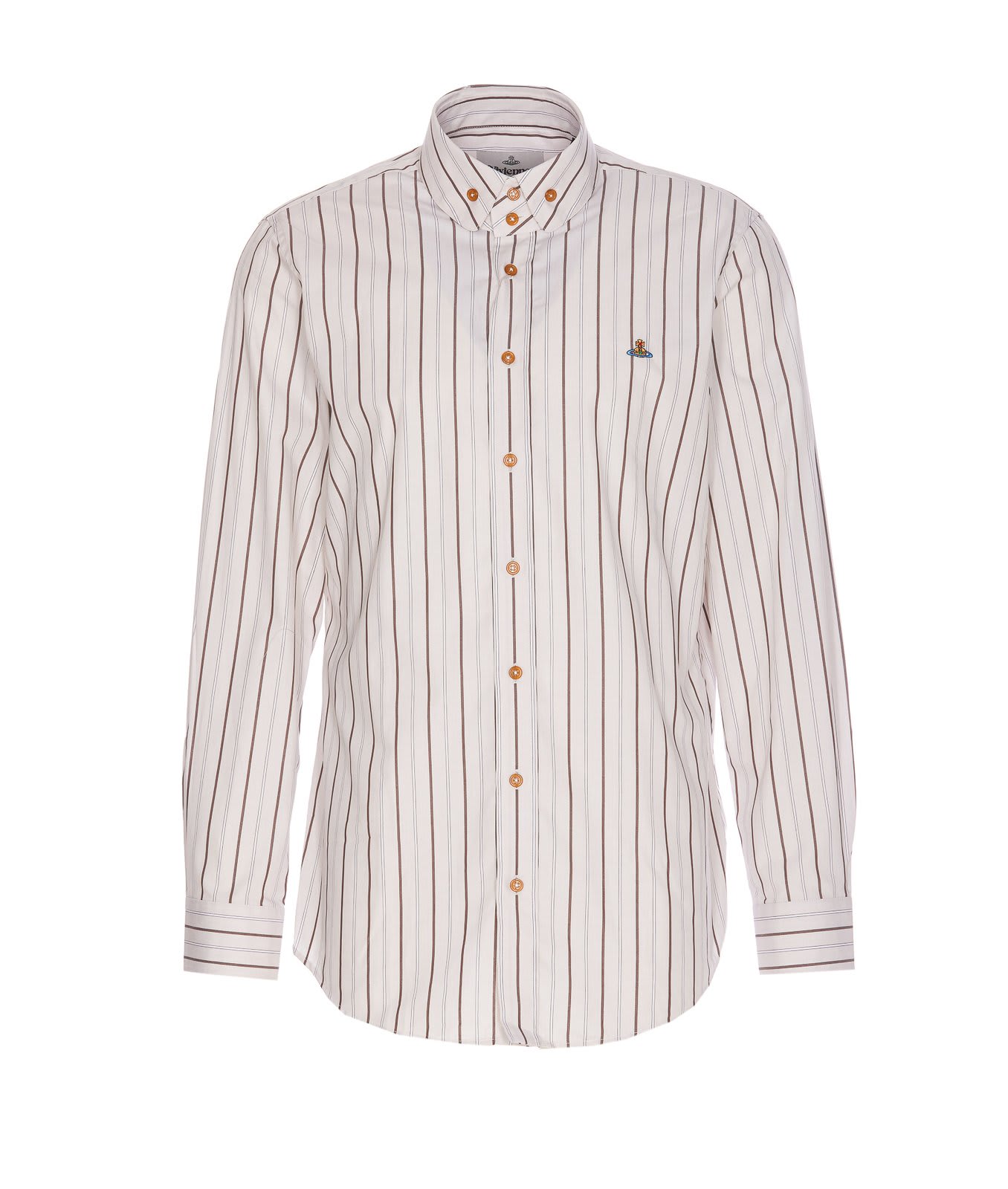 Shop Vivienne Westwood Logo Embroidered Striped Shirt In Beige