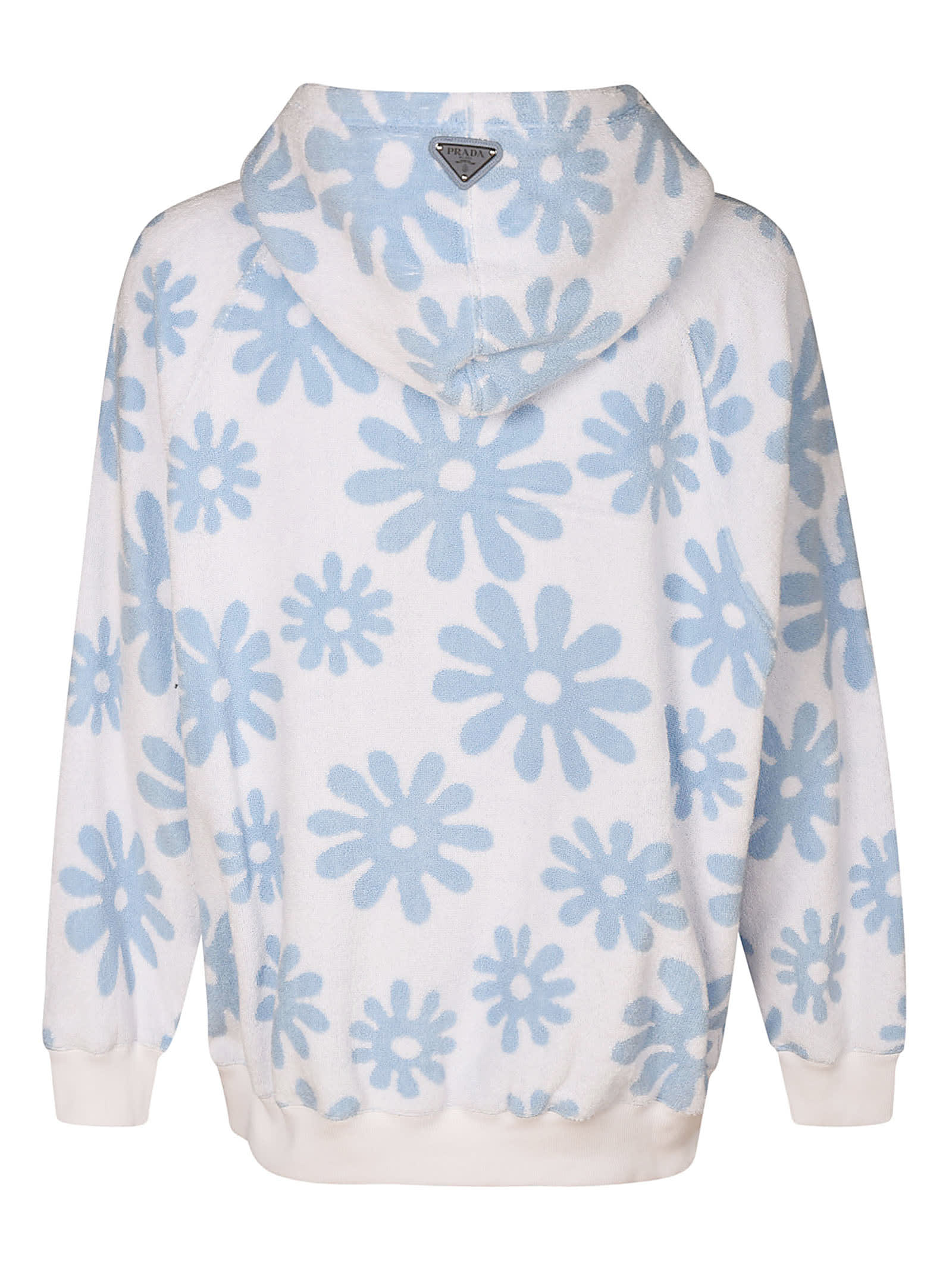 Shop Prada Flower Print Drawstring Hoodie In Azzurro