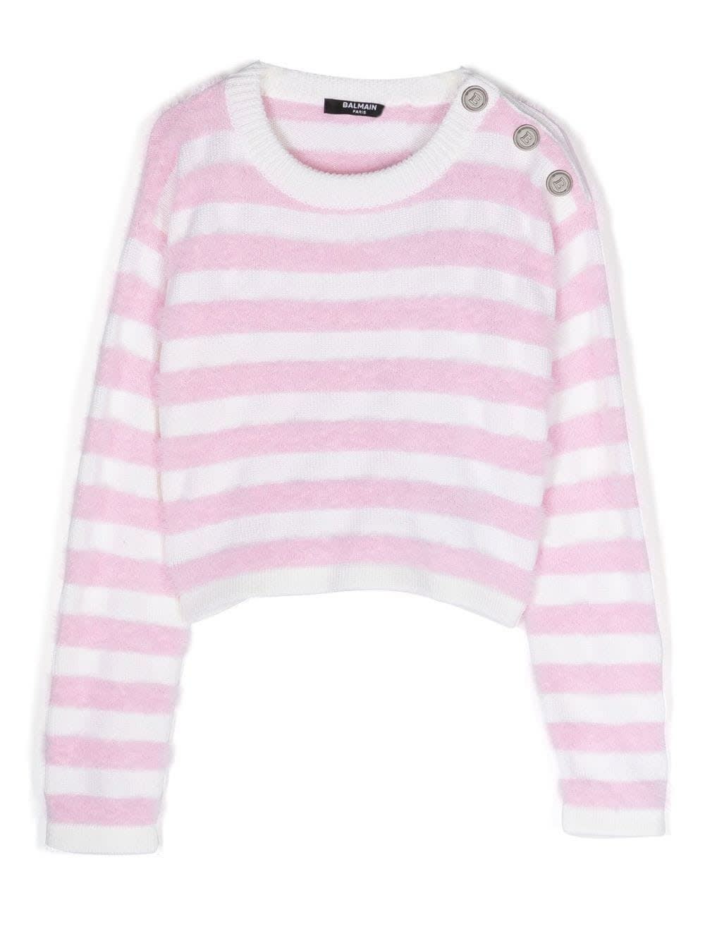Balmain Kids Pink And White Striped Sweater With Silver Embossed Buttons