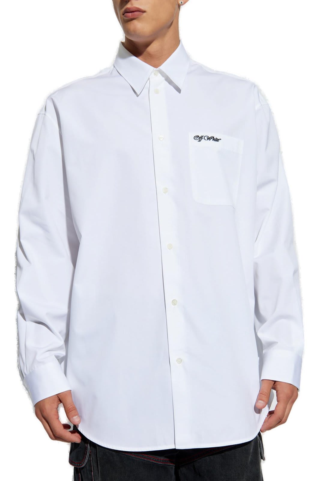 Shop Off-white Logo Embroidered Long-sleeved Shirt In Bianco/nero