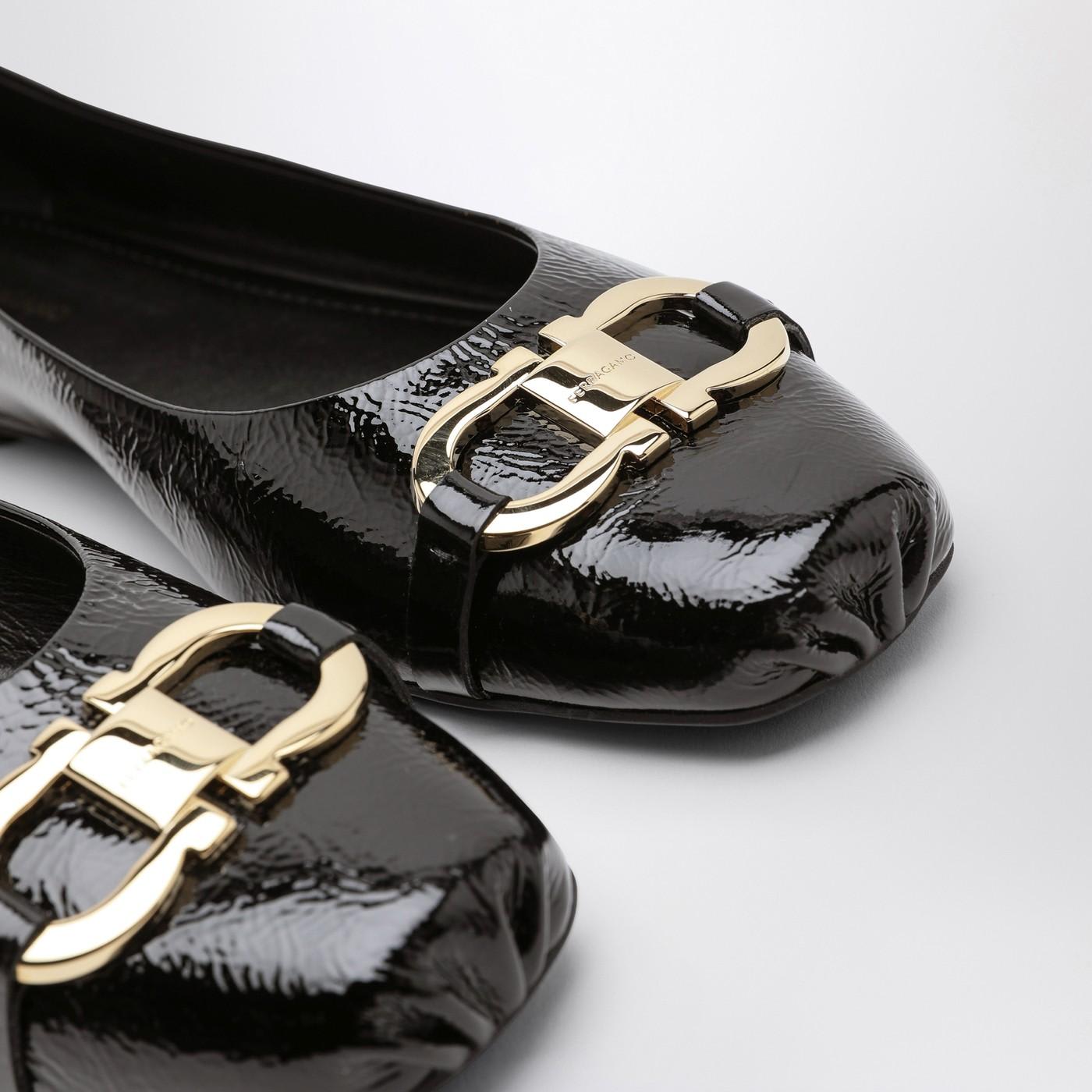 Ferragamo Black Patent Leather Gancini Ballerina
