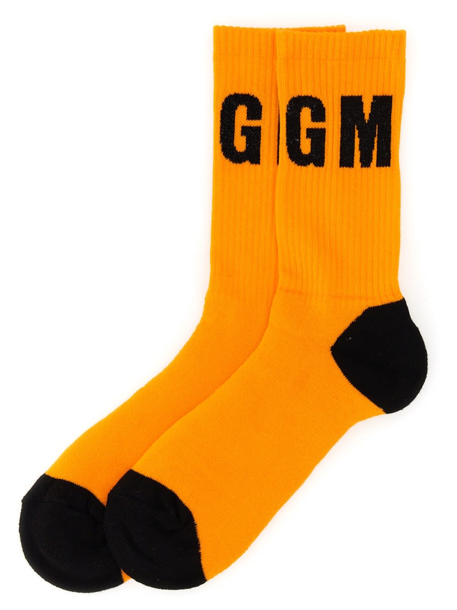 Msgm Logo High Leg Ribbed Socks In Orange