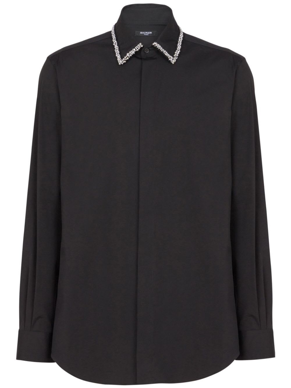 Shop Balmain Embroidered Collar Popeline Shirt In Pa Black