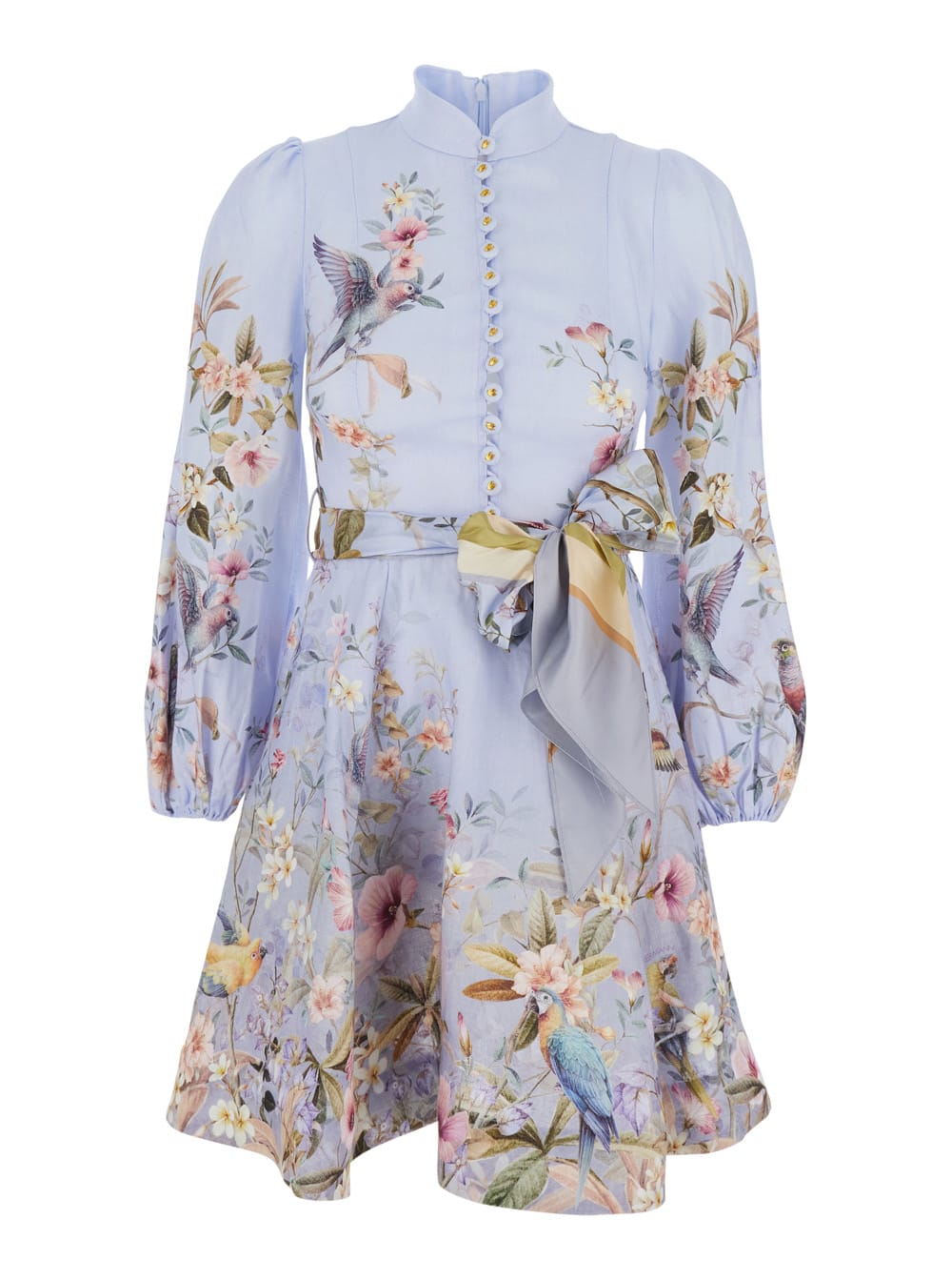 Zimmermann Rebellion Multicolor Midi Dress With Bow Detail On The Front And All-over Floral Print In Linen Woma In Blue