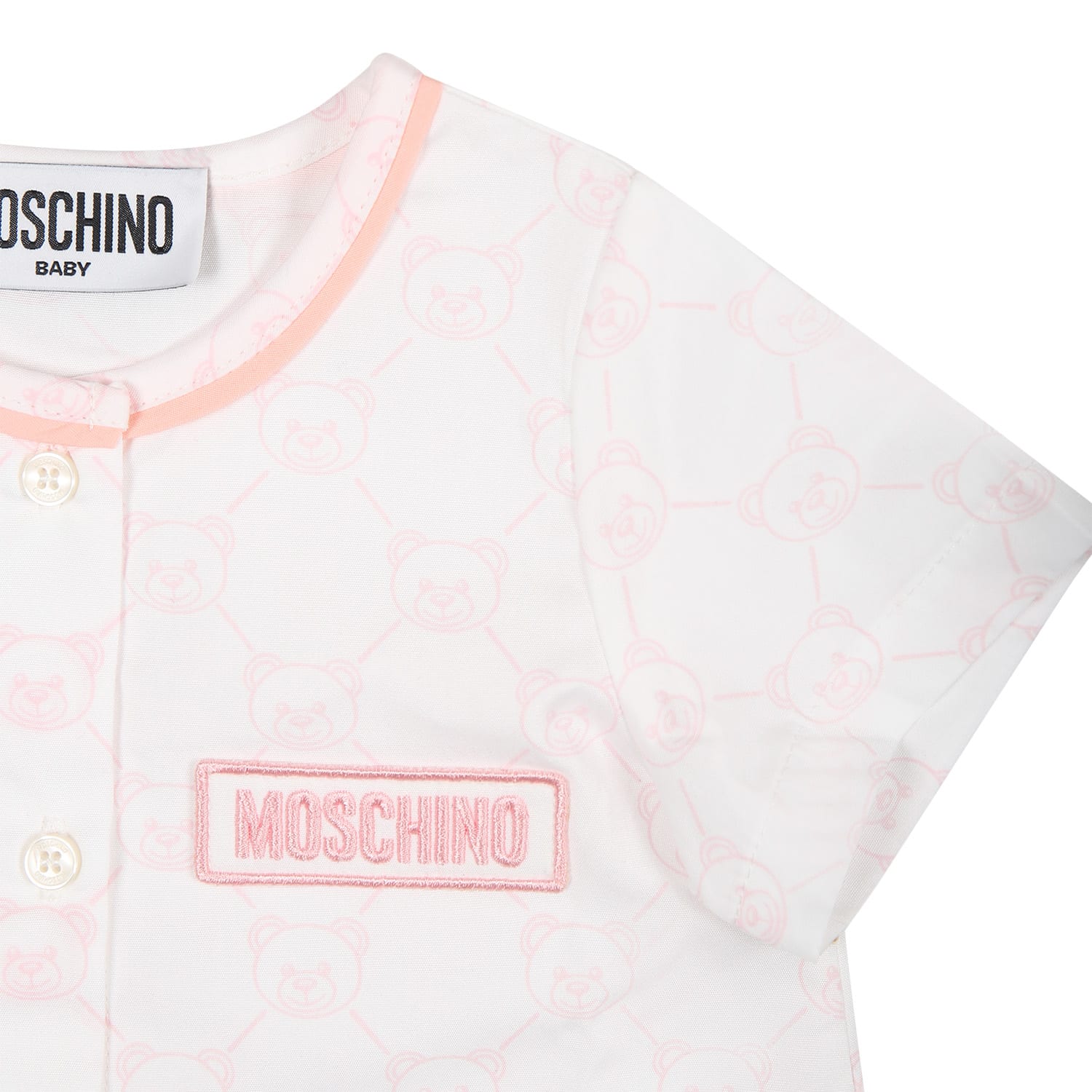 Shop Moschino White Romper For Baby Boy With Teddy Bear Pattern And Logo