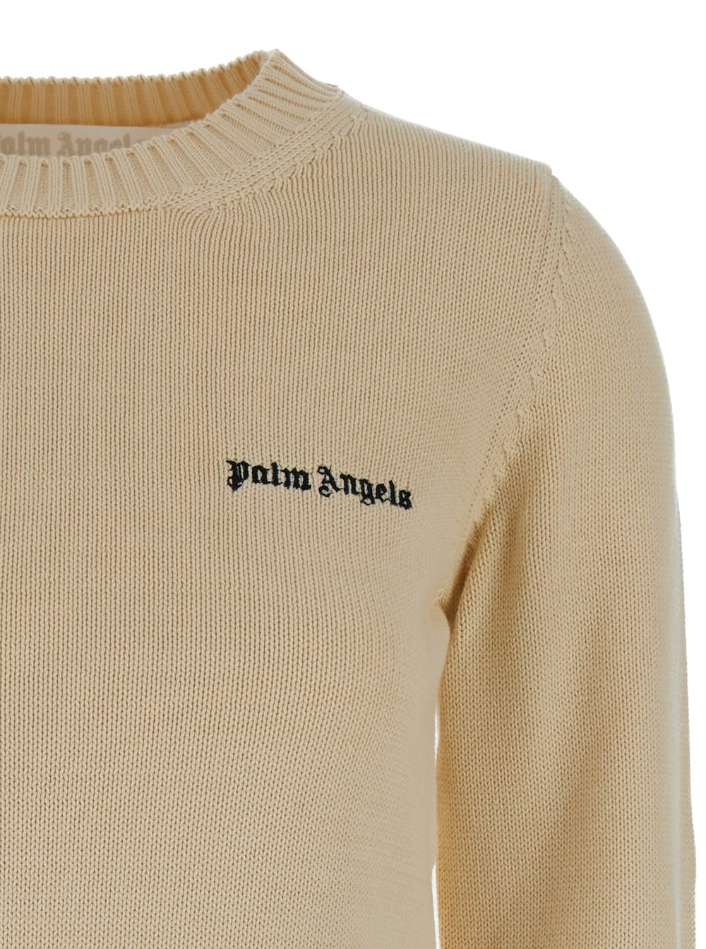 Shop Palm Angels Cream White Crewneck Sweater With Embroidered Logo In Cotton Woman In Beige