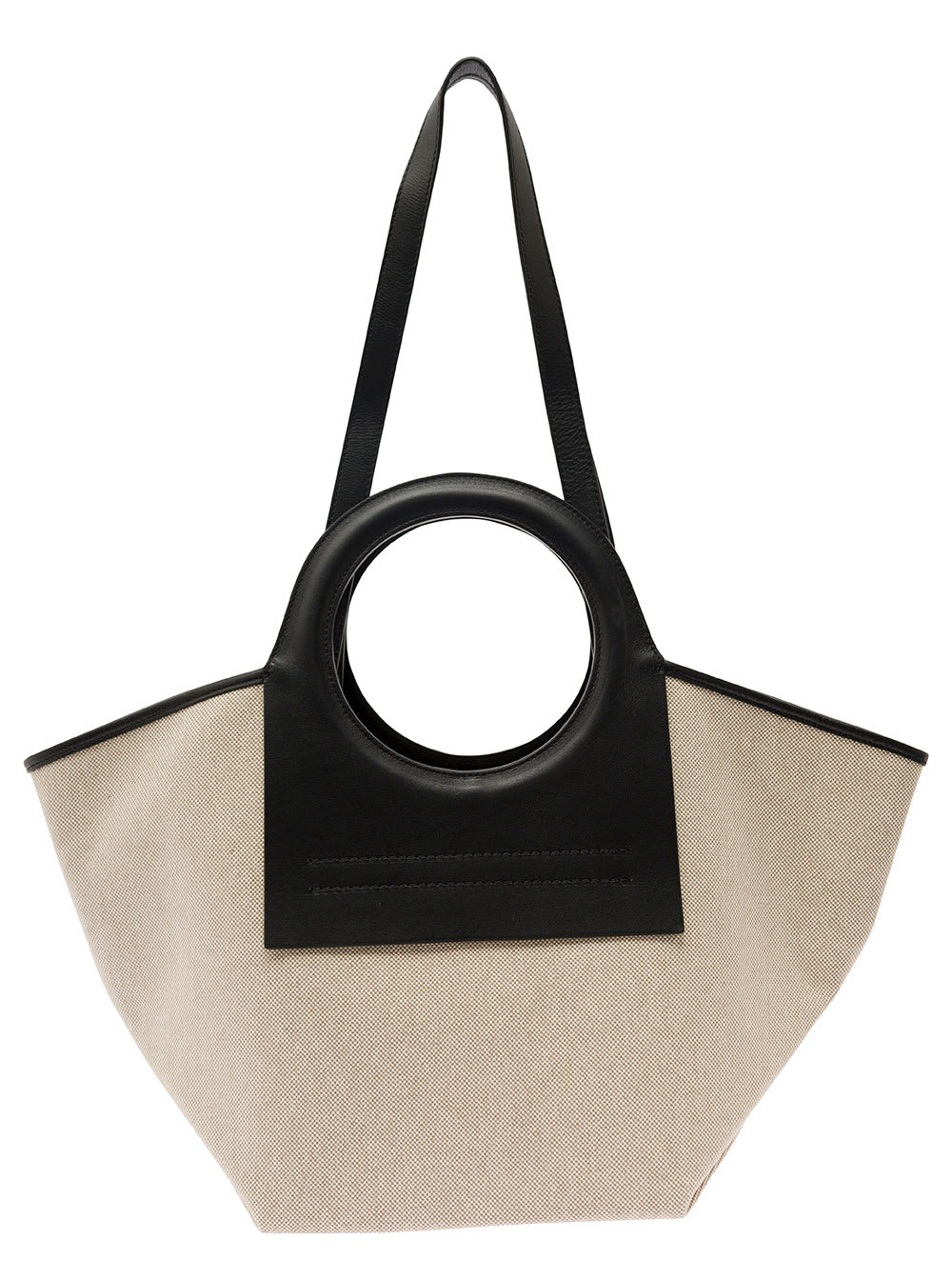 Shop Hereu Cala S White And Black Handbag With Leather Handles In Canvas Woman In Beige