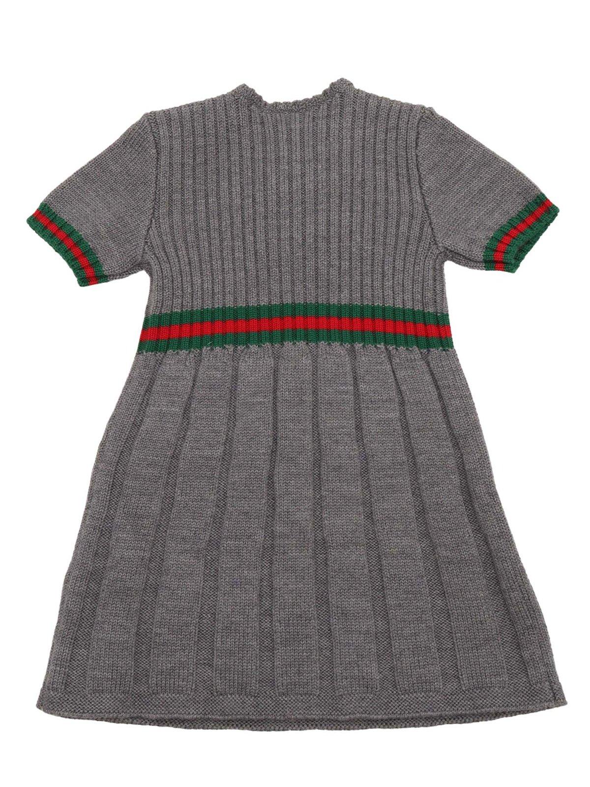 Shop Gucci Web Detailed Ribbed Knit Dress In Grey