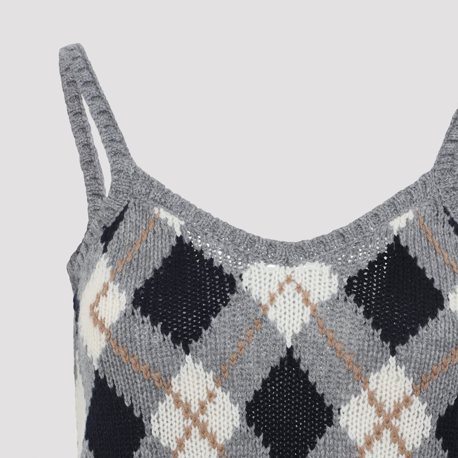 Prada Sleeveless Cropped Knit Argyle Tank Top In Gray