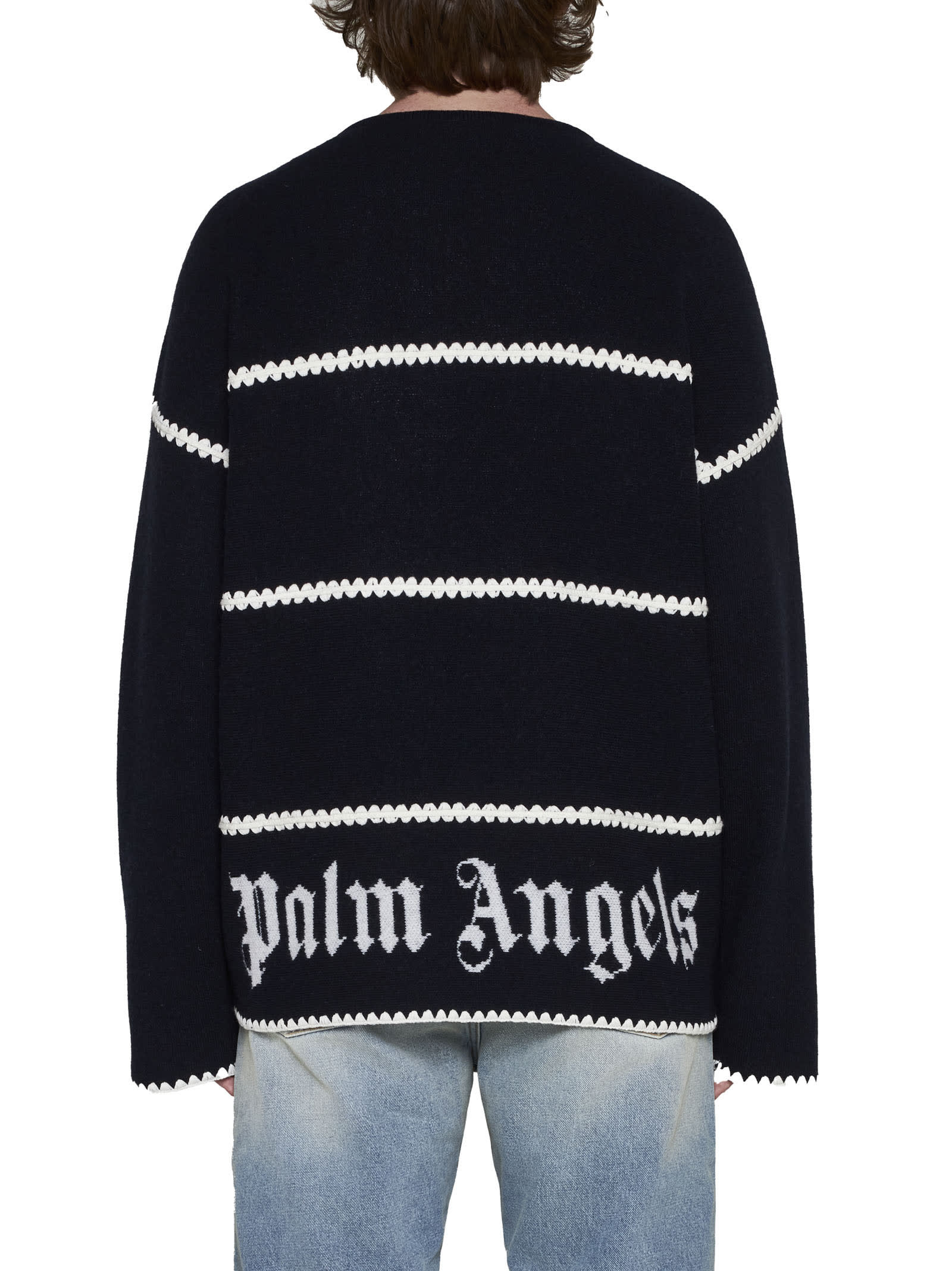 Palm Angels Navy And White Knit Sweater With Paint Monogram Stripes In Blue