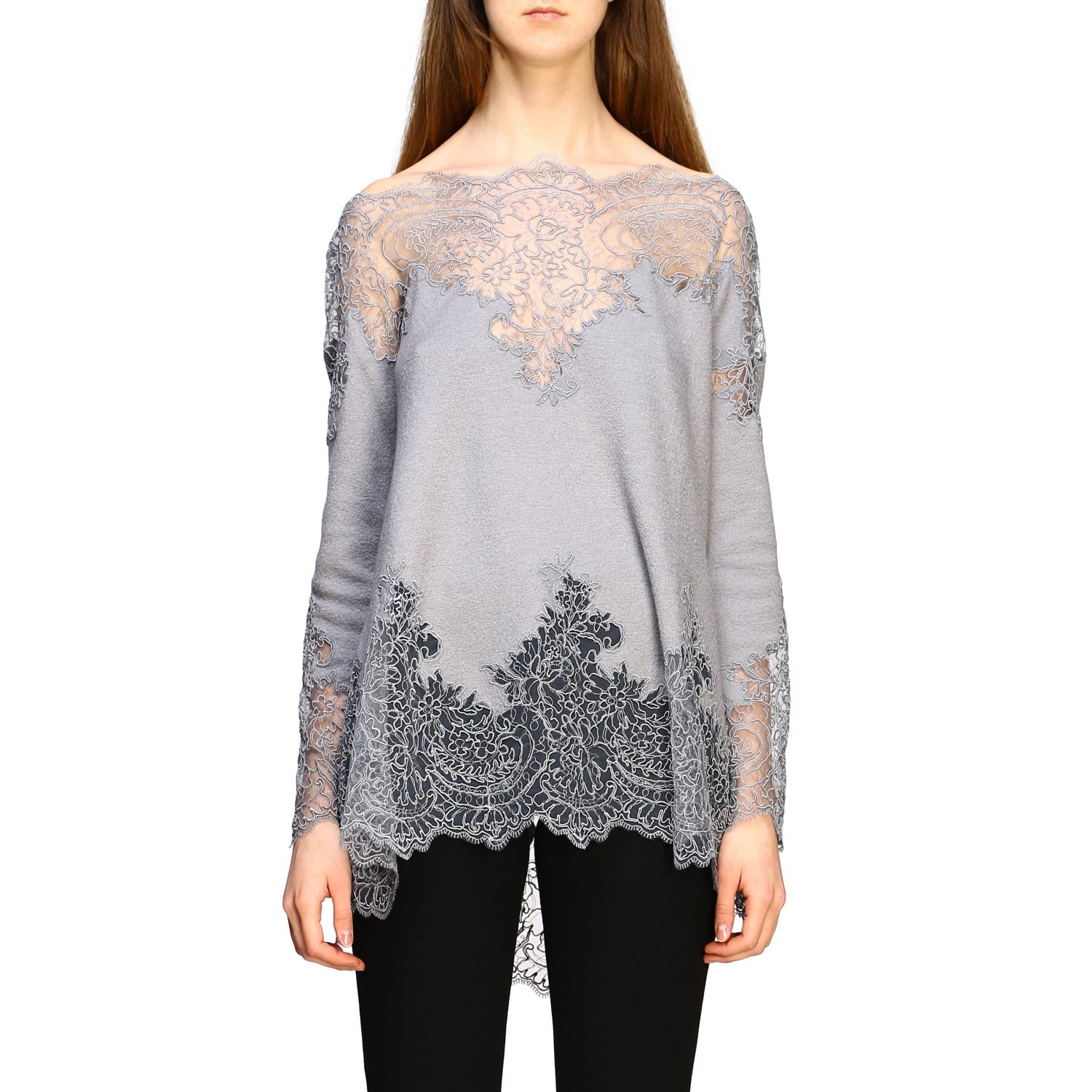 Ermanno Scervino Sweater With Long Sleeves And Lace Inserts In Grey