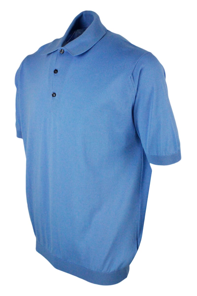 Shop John Smedley Short-sleeved Polo Shirt In Extra-fine Cotton Thread With Three Buttons In Blu Clear