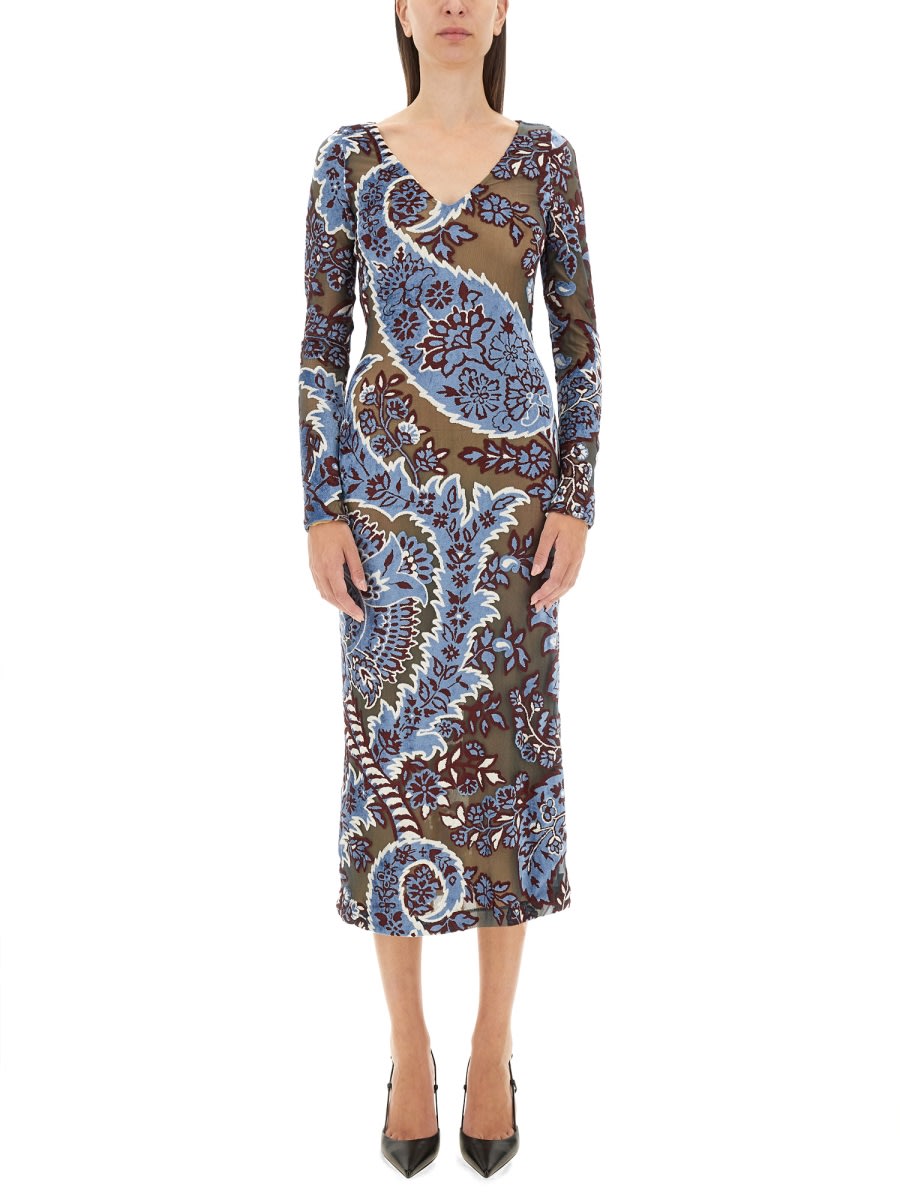 Shop Etro Velvet Jacquard Tulle Dress In Rosso/blu