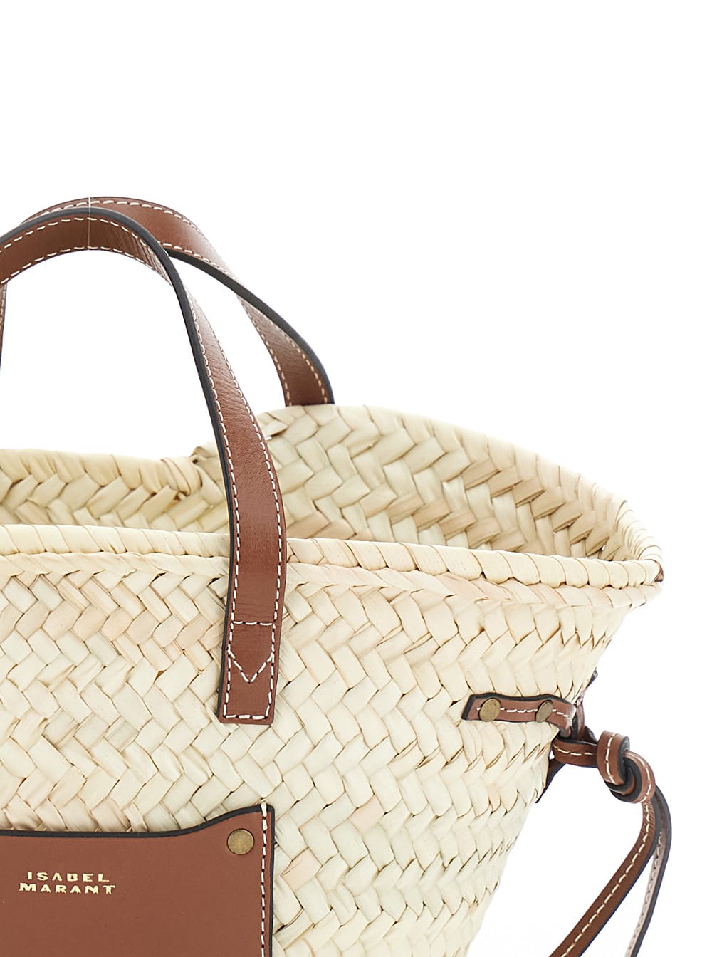 Shop Isabel Marant Cadix Mini Beige Handbag With Leather Trims Ands Logo Detail In Raffia Woman