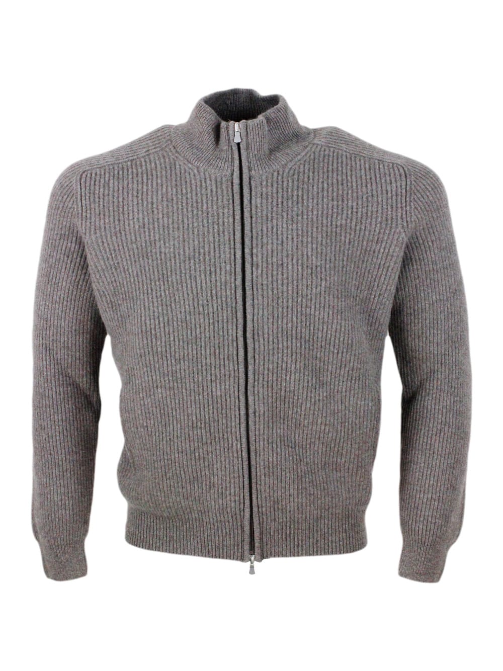 Barba Napoli Long-sleeved Full-zip Jumper In Soft And Fine Cashmere With Half English Rib Knit In Brown