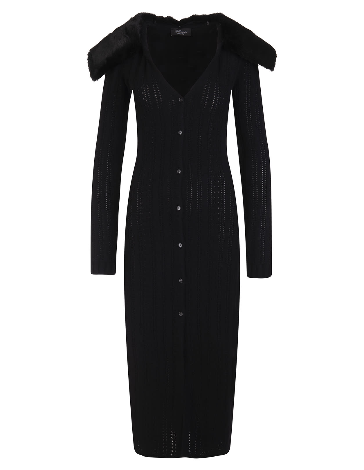Blumarine Midi Dress In Black Knit With Eco-fur Collar