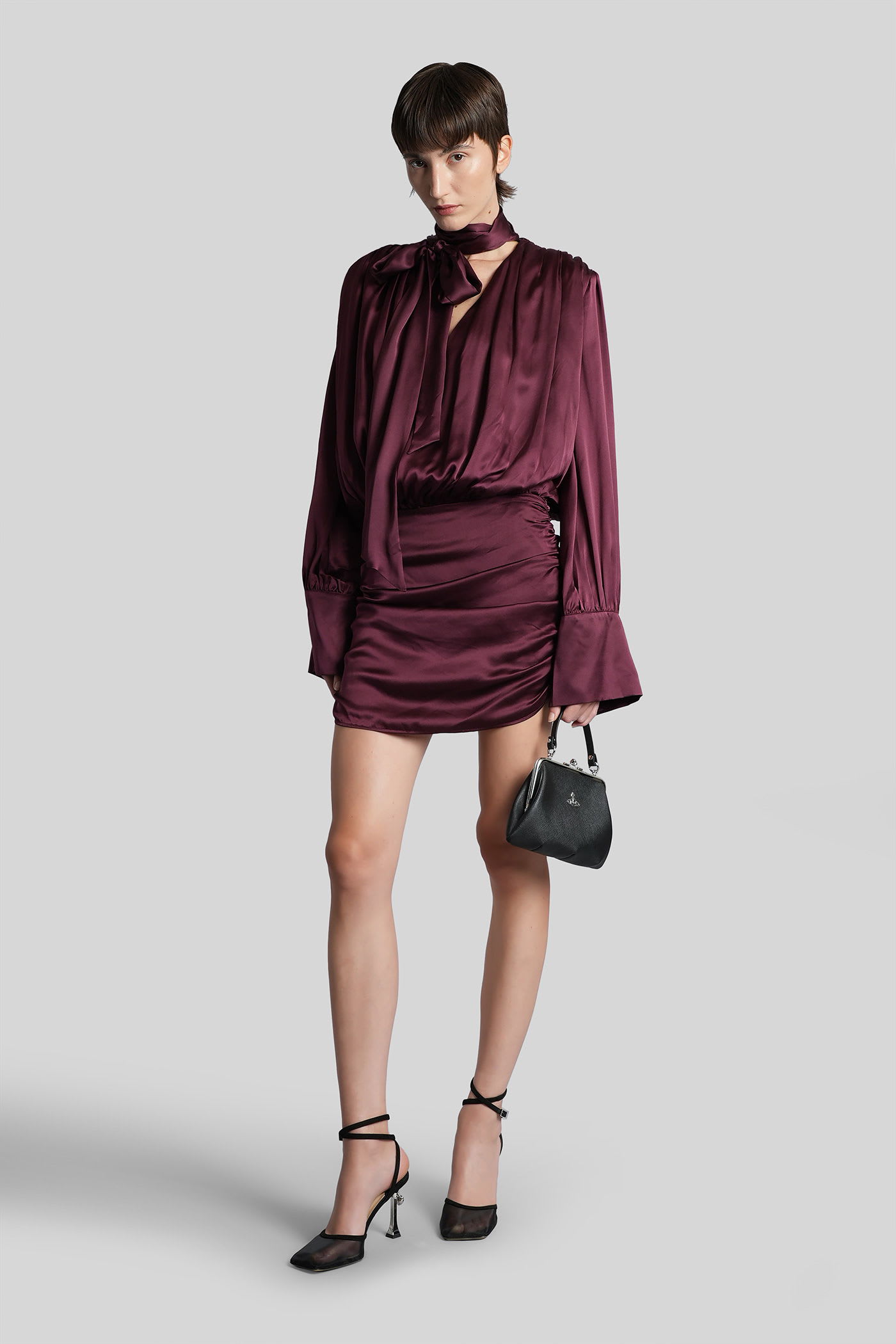 Rotate Birger Christensen Bordeaux Draped Silk Mini Dress In Burgundy
