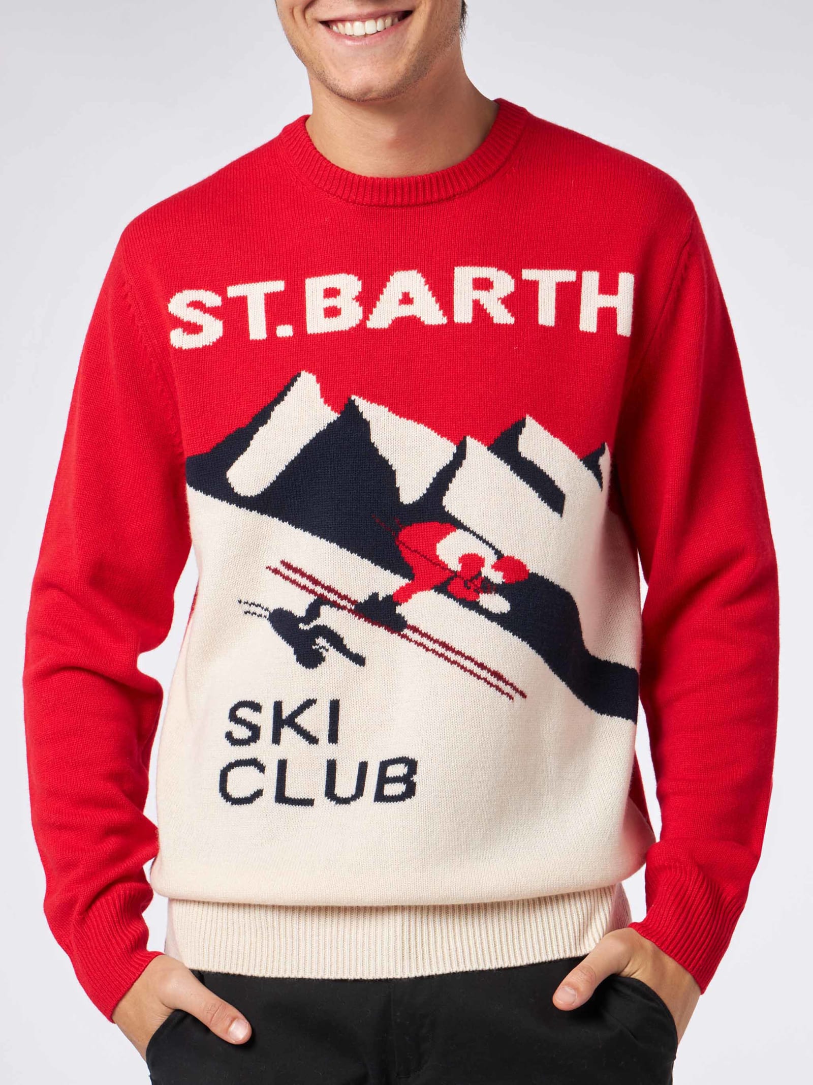 Shop Mc2 Saint Barth Man Crewneck Sweater With St. Barth Ski Club Postacard Jacquard Print In Red