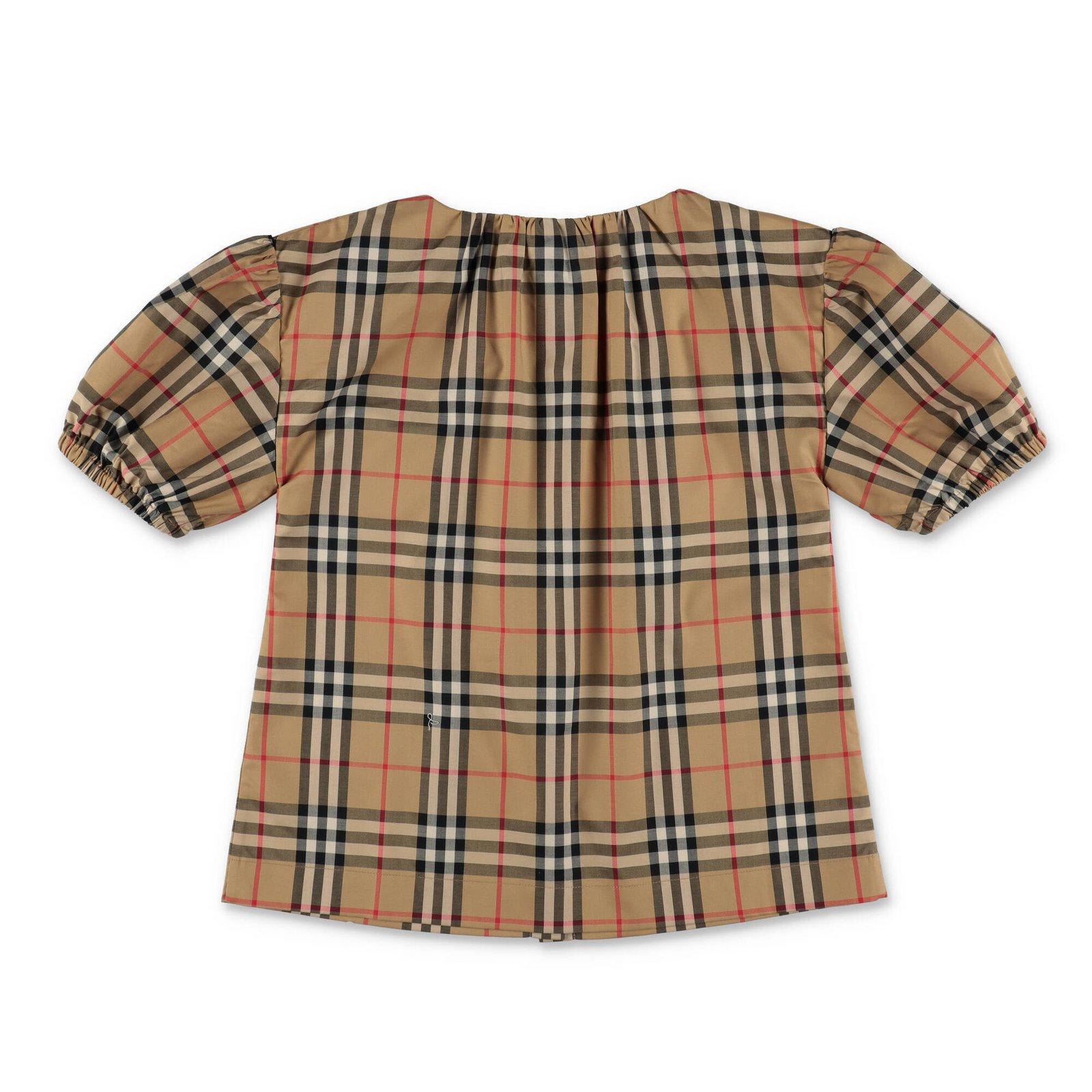 Shop Burberry Checkered Puff Sleeved Twill Blouse In Archive Beige Ip Chk
