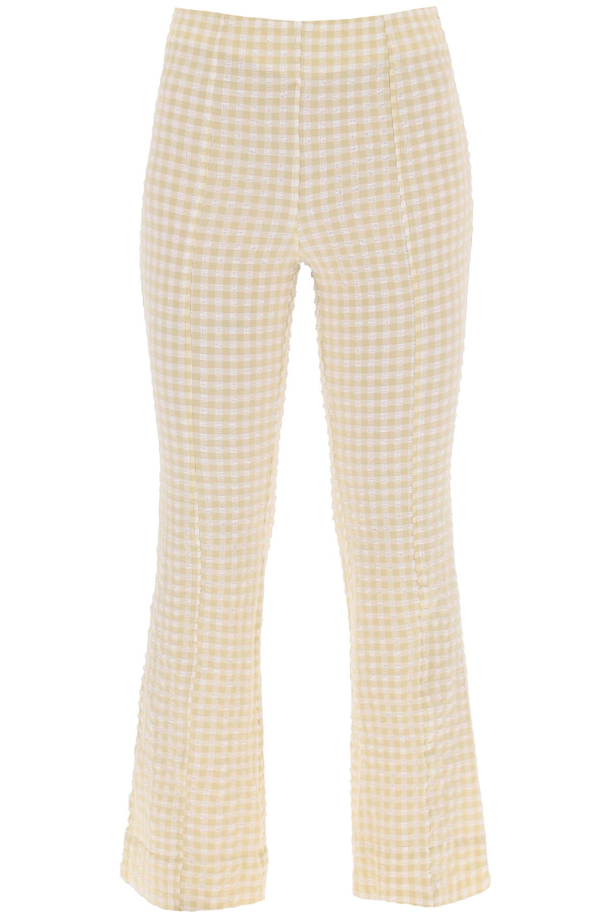 Shop Ganni Flared Pants With Gingham Motif In Pale Khaki (beige)