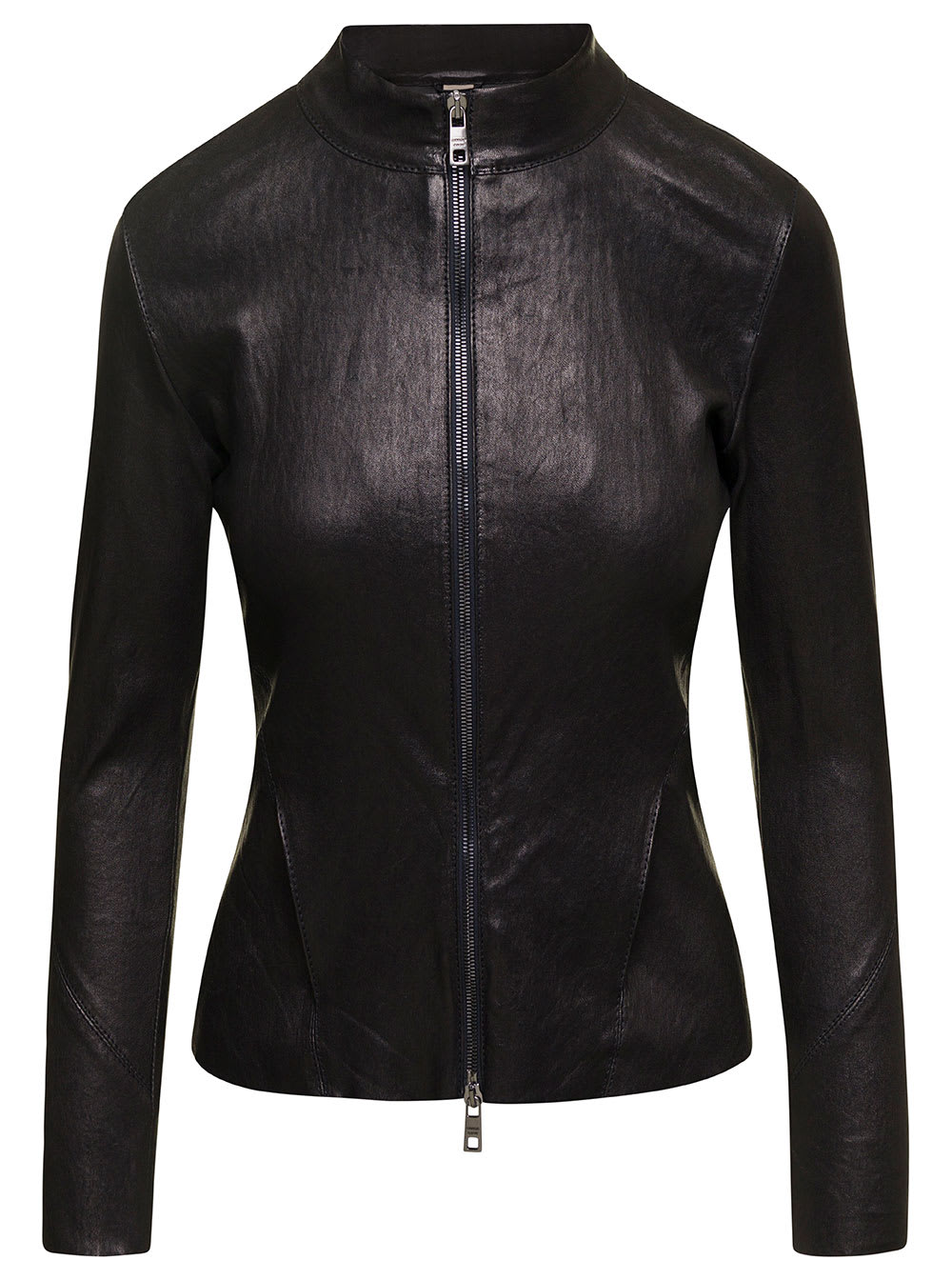 Giorgio Brato Black Band Collar Biker Jacket In Lamb Leather Woman