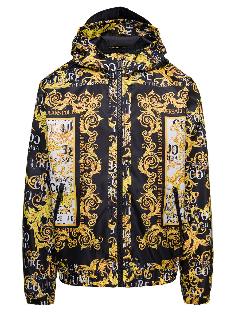 VERSACE JEANS COUTURE MULTICOLOR HOODED JACKET WITH ALL-OVER BAROQUE LOGO PRINT IN NYLON MAN VERSACE JEANS COUTURE