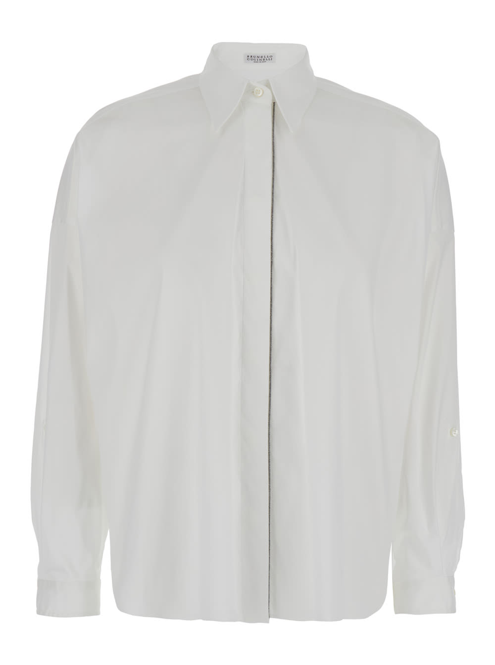 Shop Brunello Cucinelli Oversized White Shirt With Monile Detail In Cotton Blend Woman