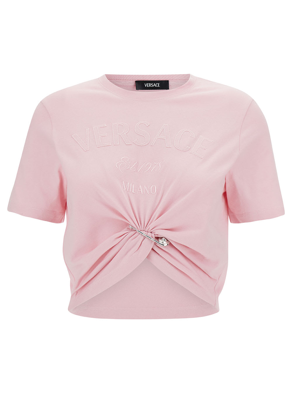 Shop Versace Light Pink T-shirt With Medusa Pin Detail In Cotton Woman