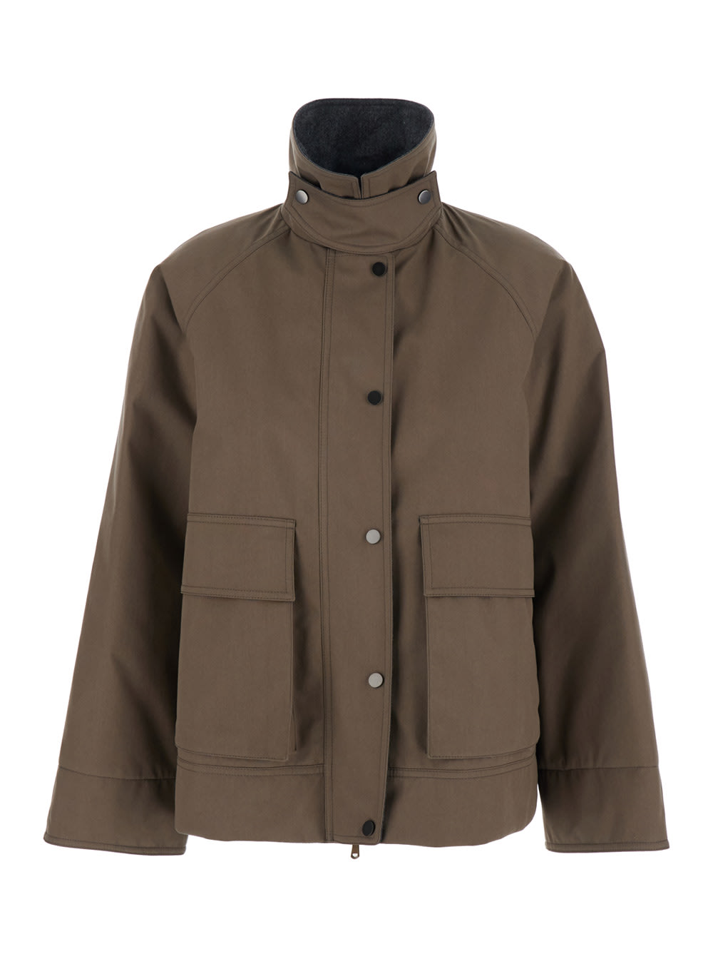 Brunello Cucinelli Grey Jacket With Classic Collar With Snap Buttons In Cotton Blend Woman In Brown