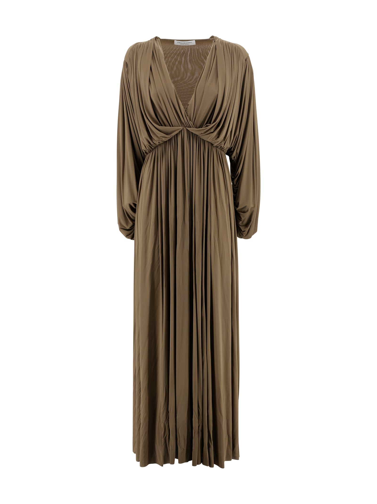 Philosophy Di Lorenzo Serafini Brown Long Dress With V-neck And Ruffle Details