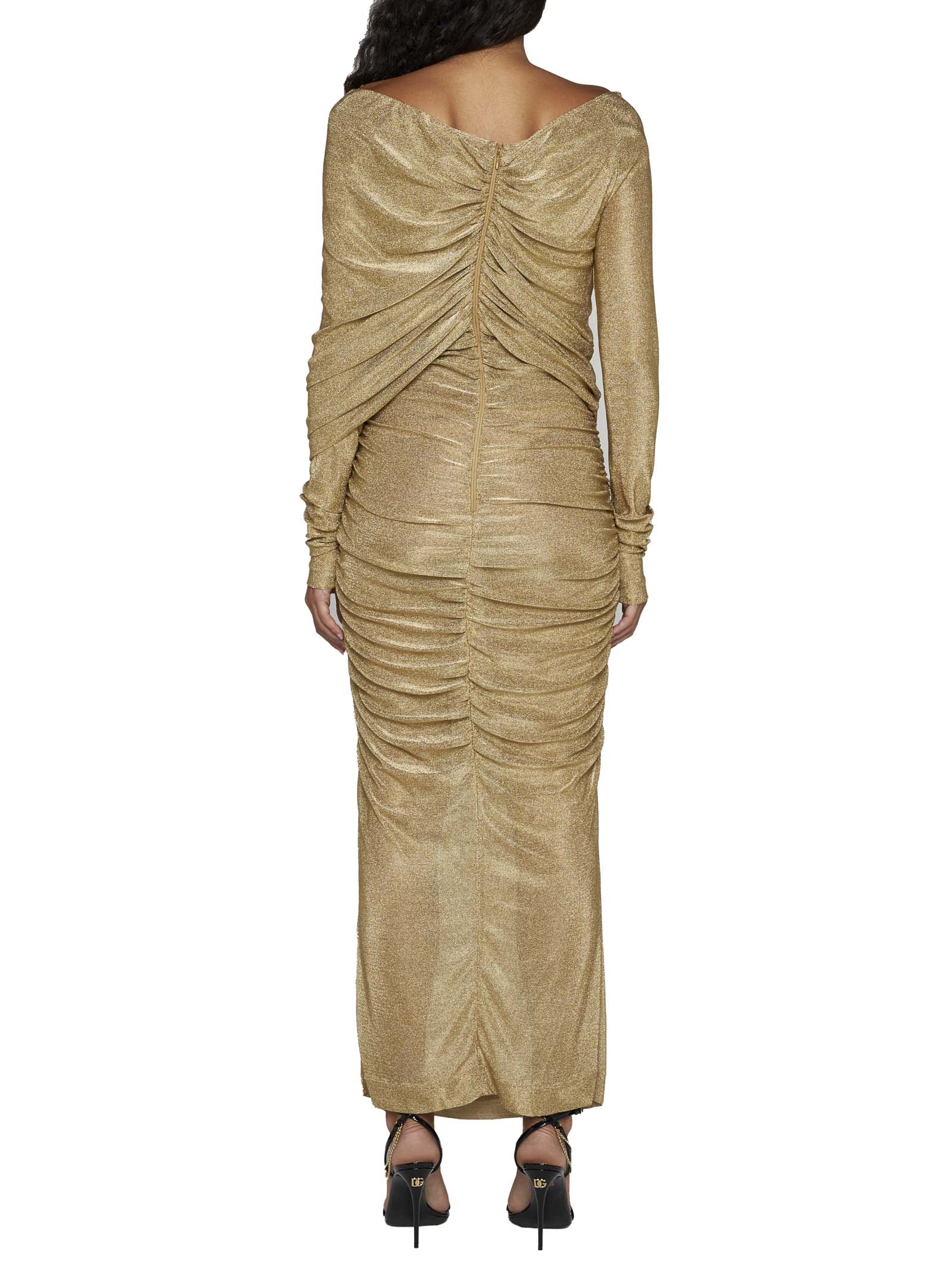 Dolce & Gabbana Lurex Longuette Midi Dress With Detachable Sleeve In Gold