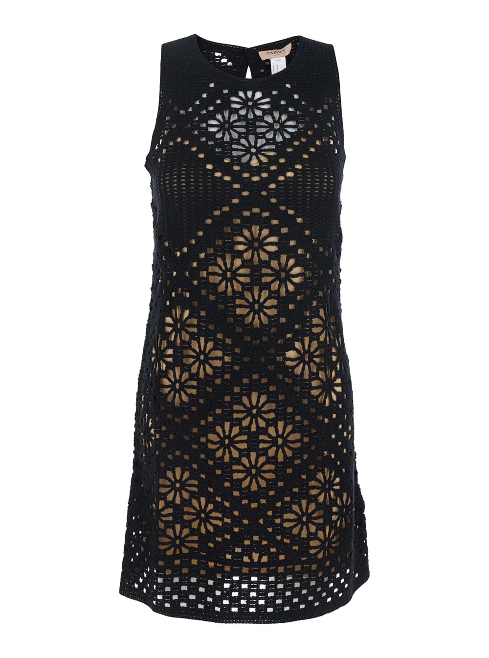 Twinset Black Dress With Knitted Design And All-over Floral Embroidery In Cotton Woman