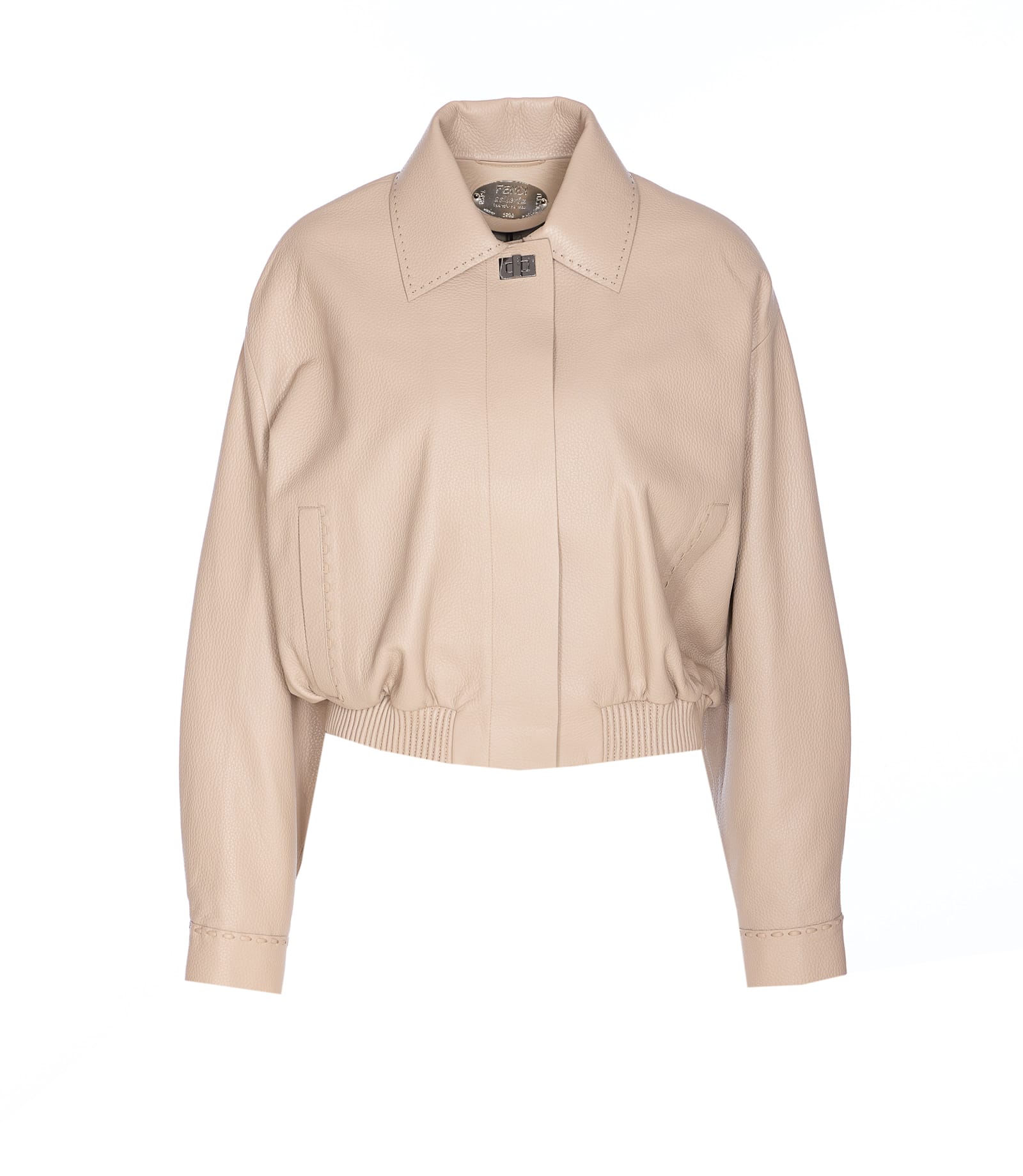 Fendi Leather Jacket With Collared Design And Pockets In Brown