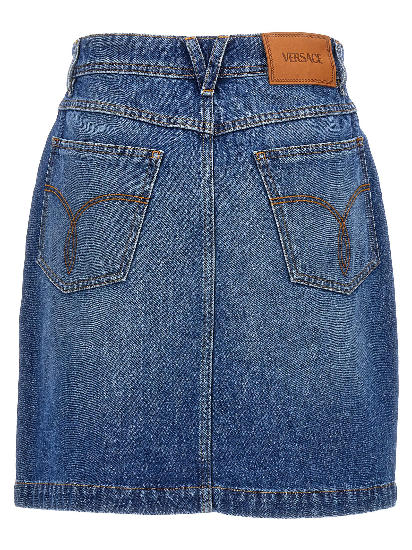 Shop Versace Medusa 95 Denim Skirt In Blue