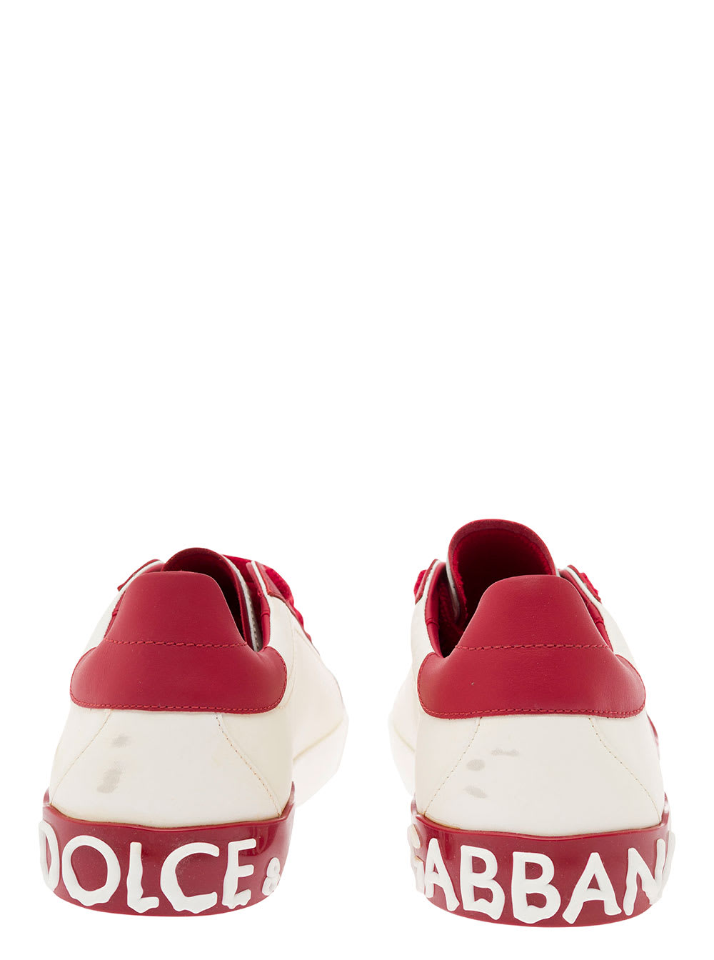 Shop Dolce & Gabbana Vintage Portafino White And Red Low Top Sneakers With Dg Patch In Leather Man In Bianco Lampone (white)