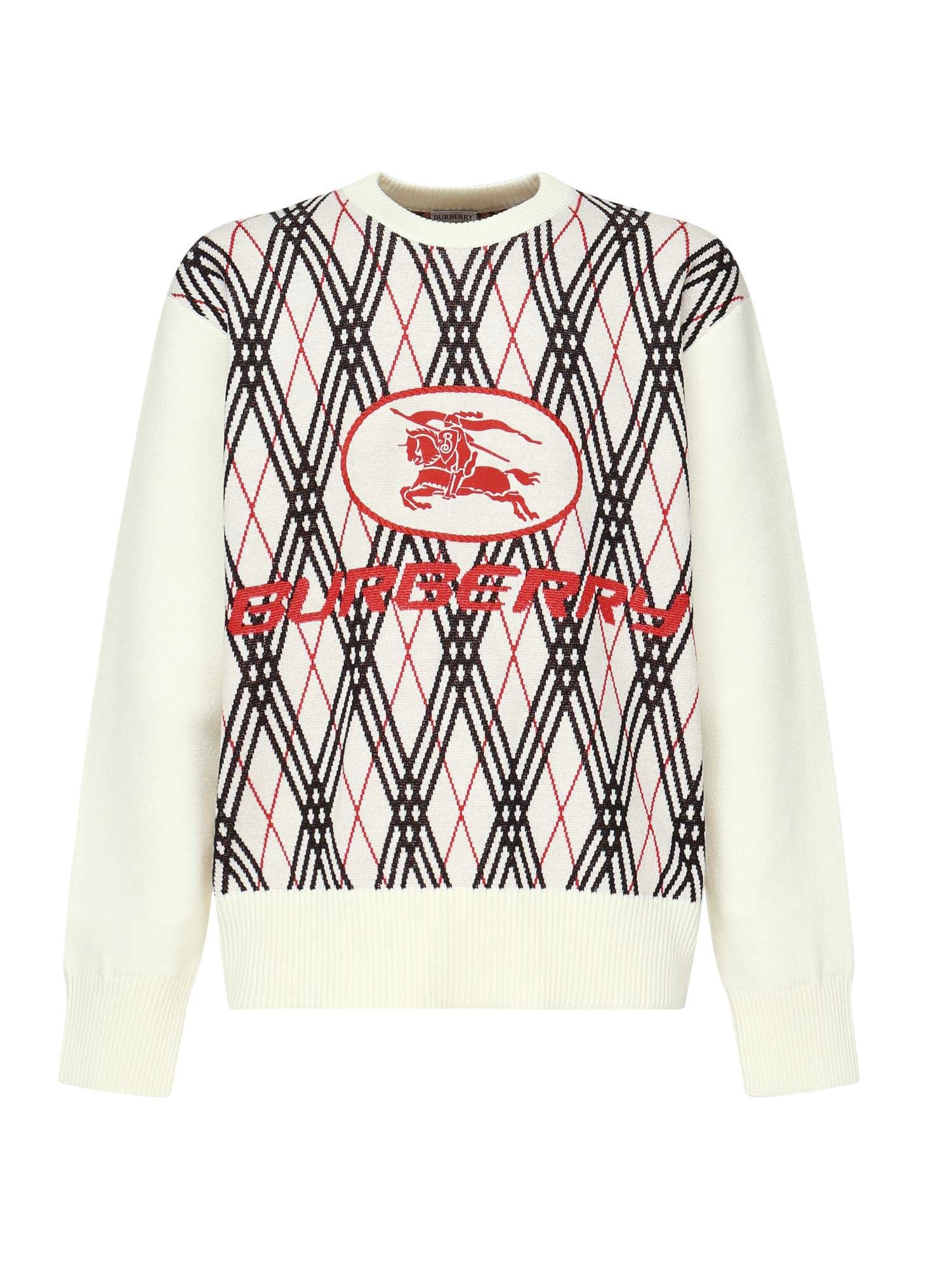 Burberry Argyle Pattern Crew Neck Sweater In White