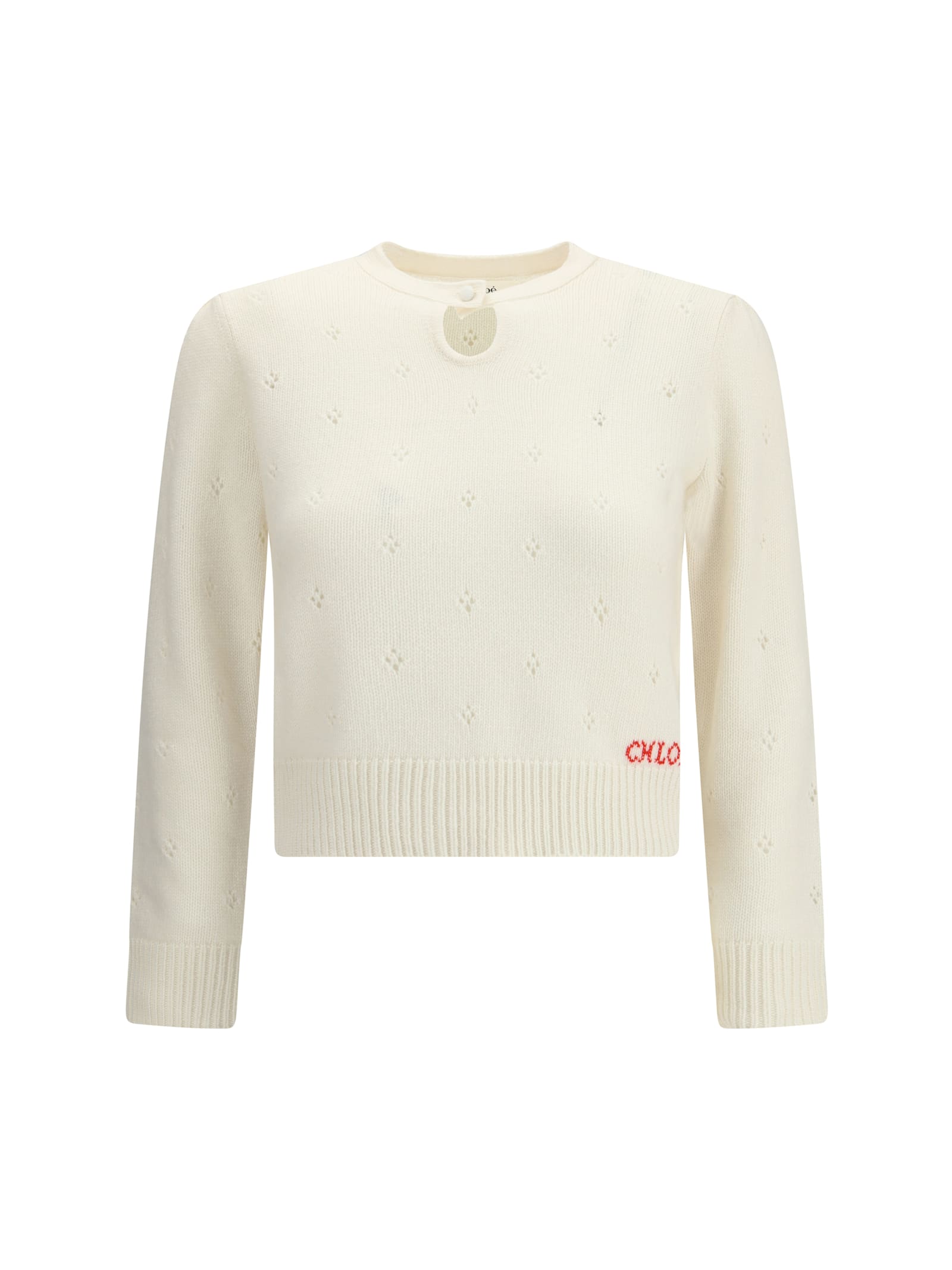 Chloé Wool And Cashmere Fitted Sweater With An Openwork Motif Clothing In White