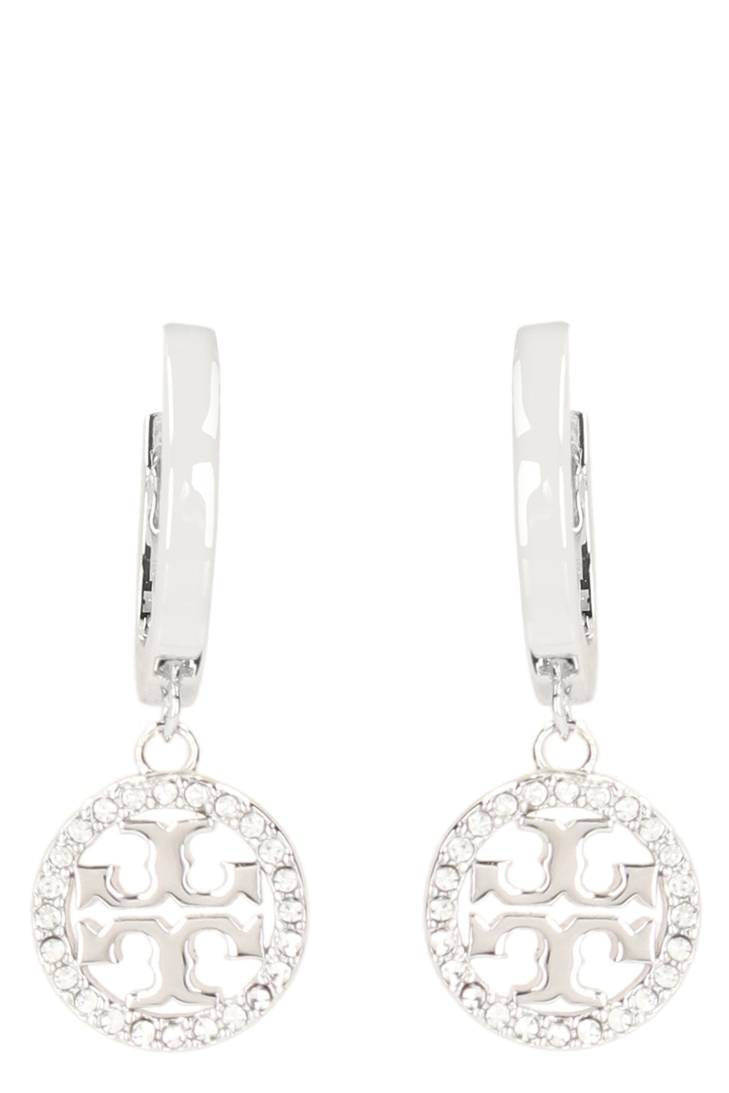Shop Tory Burch Miller Logo Hoop Earrings In Silver/crystal