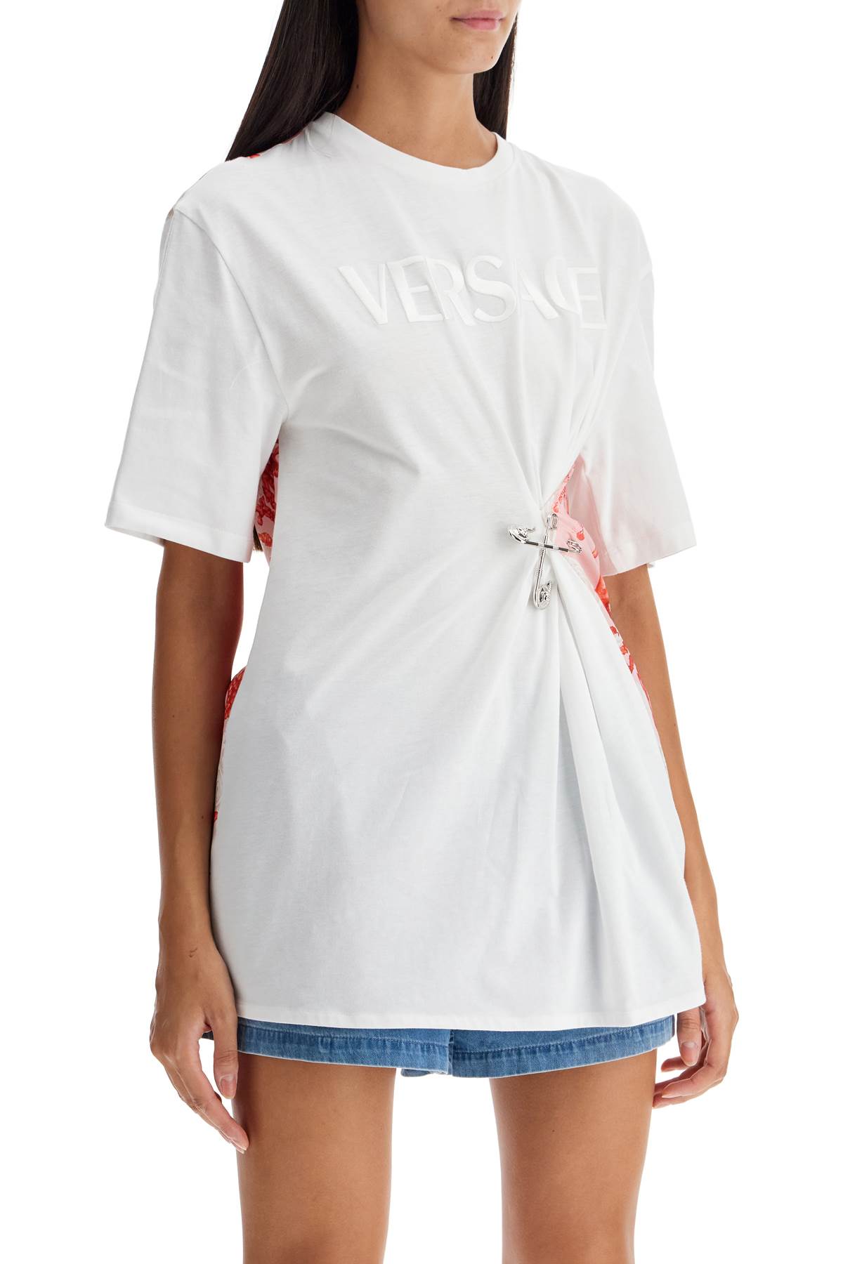 Versace Back Printed Cotton Crew-neck T-shirt With Pin In White