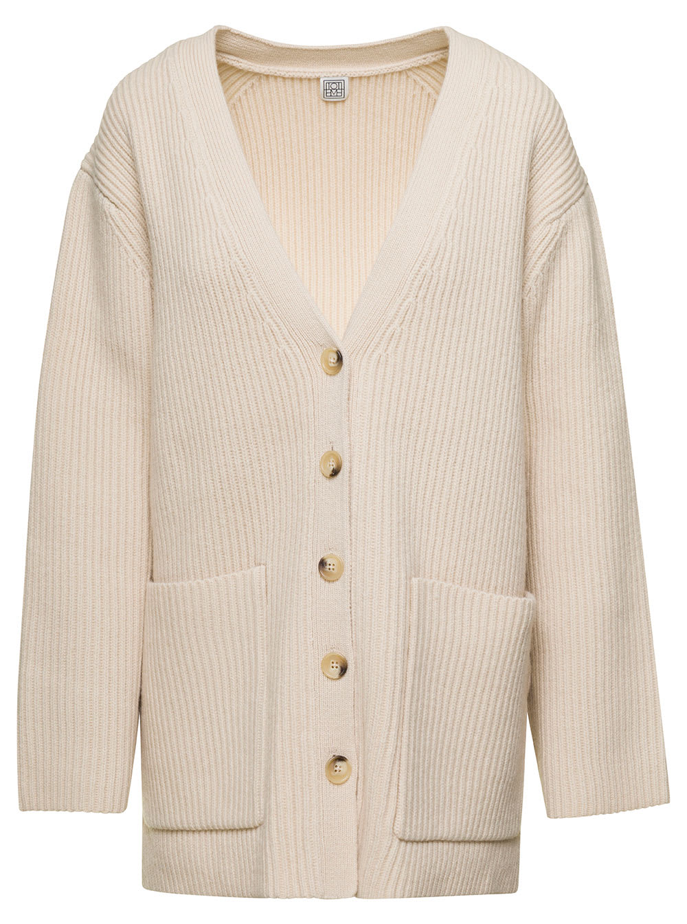TOTÊME OVERSIZED RIBBED WHITE CARDIGAN WITH PATCH POCKETS IN WOOL WOMAN